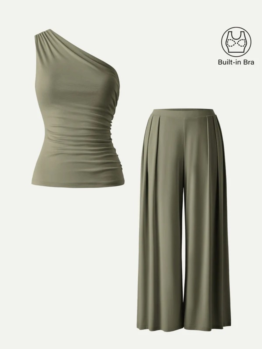 OGL Sandwashed Olive One-Shoulder Top & Wide-Leg Palazzo Pants Set